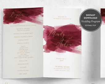 Red Burgundy Watercolor Wedding Programs, Printable Folded Wedding Program Template, Folded Ceremony Programs Template