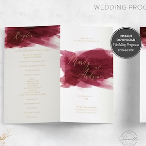 Red Burgundy Watercolor Wedding Programs, Printable Folded Wedding Program Template, Folded Ceremony Programs Template