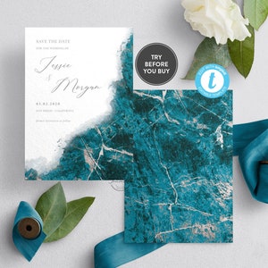 Blue Silver Marble Save The Date | Wedding Date Announcement Template | Wedding save the date card Templett DIY | Templett