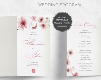 Cherry Blossom Wedding Programs, Folded Wedding Programs, Editable Program, Direct Download Folded Program