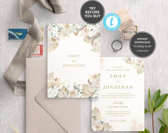 Printable Tropical Florals Beige Wedding Invitation Suite | Instant download Fully editable Floral invite printable