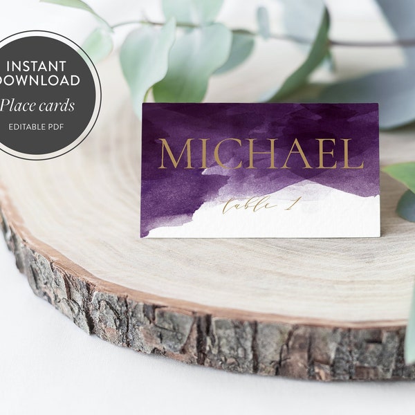 table place setting cards template Purple Watercolor Place Card Template (Instant Download) - Printable DIY - PDF File