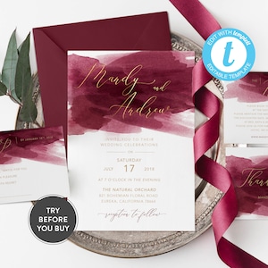 Burgundy Watercolor with Champagne Gold Invitation Template Wedding Invitation Suite, Printable and Text Customizable