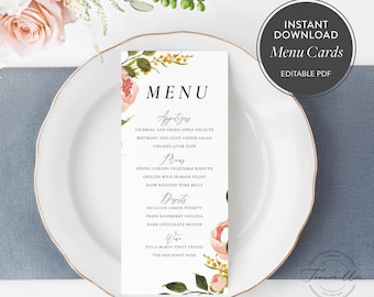 Peach Peony Wedding Menu Printable Template - PDF Template - Editable PDF - Wedding Menu Design Template