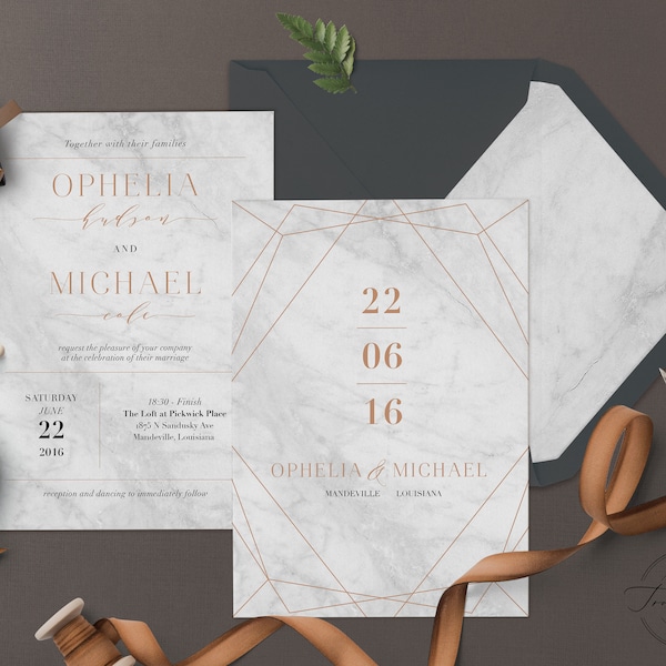Geometric Gold Marble Wedding Invitation Template, Wedding Invitation Template Design Printable