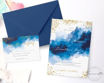 Blue Sparkles Watercolor Printable Customized Template Wedding Invitation, printable wedding invitation, Wedding invitation download