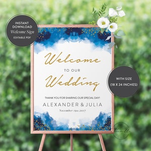 Editable Blue Sparkles Watercolor Welcome Sign - Instant Download - Editable PDF - Welcome Poster