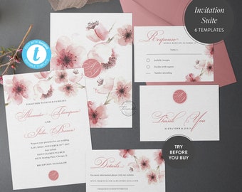 Romantic Cherry Blossom Printable Wedding Invitation Template Design Customized, wedding invitation printable, invitation template  download