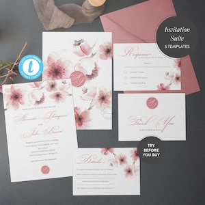 Diseño de plantilla de invitación de boda imprimible con flor de cerezo romántico personalizado, invitación de boda imprimible, descarga de plantilla de invitación