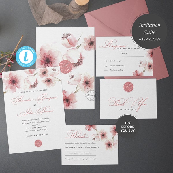 Romantische Kirschblüte Hochzeitseinladung Template Design Angepasst, Hochzeitseinladung zum Ausdrucken, Einladungsvorlage Download