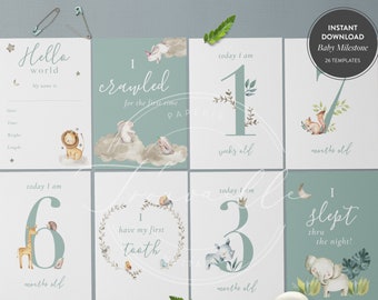 Safari Tales Baby Milestone Cards, Baby Milestone, Baby milestone Dusty Blue, Milestone Card, Printable Milestone