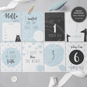 Cartes d'étape scandinaves pour bébé, étape pour bébé, étape pour bébé bleu poussiéreux, carte d'étape, étape imprimable