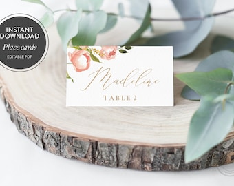 Pink Peach Peony Wedding Place Card Template (Instant Download) - Printable DIY - PDF File