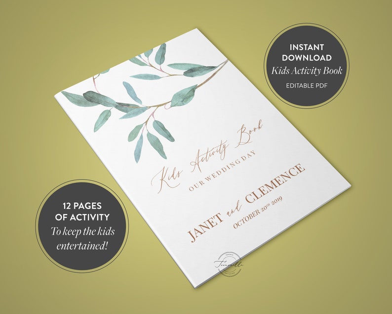 May include: A printable kids activity book with a watercolor eucalyptus design. The cover features the text "Kids Activity Book" and "Our Wedding Day". The book is editable and includes 12 pages of activities.