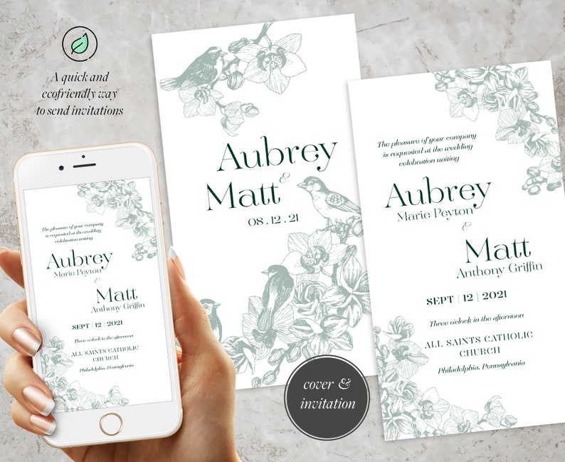 Editable Electronic Green Orchid Wedding Invitation, Digital Wedding Invitation, E-Invite, Digital Invitation for e-mail, Editable E Invite image 2