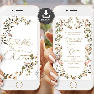 May include: A digital wedding invitation with a floral border and gold lettering. The invitation reads "We joyfully invite you to the wedding of Elizabeth and Cameron" and includes the date, time, and location of the wedding.