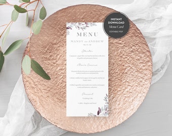 Dusty Pink Botanical Eucalyptus Watercolor Menu Printable Wedding Menu Template, Modern Wedding Menu, Printable Menu