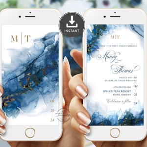 Editable Electronic Blue Marble Wedding Invitation, Digital Wedding Invitation, E-Invite, Digital Invitation for e-mail, Editable E Invite