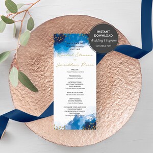 Blue Sparkles Watercolor Wedding Programs, Editable Program, Instant Download Program Card