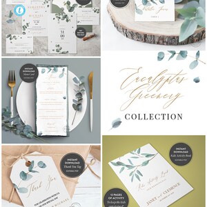 May include: A collection of printable wedding stationery featuring eucalyptus greenery in shades of green and blue. The collection includes a wedding invitation, thank you card, menu card, place card, and a kids activity book. The text "Eucalyptus Greenery Collection" is written in gold script.