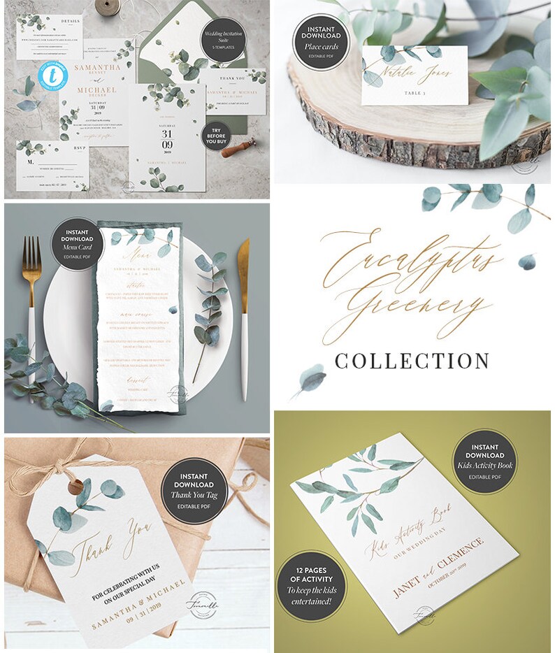 May include: A collection of printable wedding stationery featuring eucalyptus greenery in shades of green and blue. The collection includes a wedding invitation, thank you card, menu card, place card, and a kids activity book. The text "Eucalyptus Greenery Collection" is written in gold script.