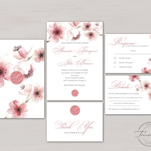 Romantic Cherry Blossom Printable Wedding Invitation Template Design ...