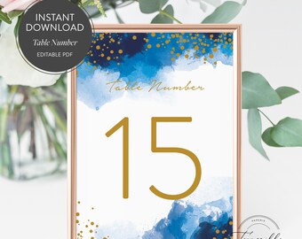 Blue Sparkles Watercolor Printable Table Number, Printable Table Number Template, Modern Wedding Table Number