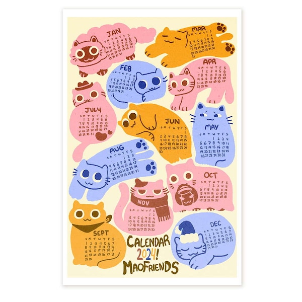 2024 Cat Calendar Maofriends illustration drawing cottage core kawaii cute kitty canada drawing pastel