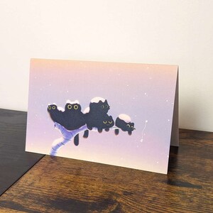 black cat holiday card print postcard blank crow tree winter morning glow nature cute kawaii illustration canadian snow