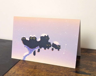 black cat holiday card print postcard blank crow tree winter morning glow nature cute kawaii illustration canadian snow