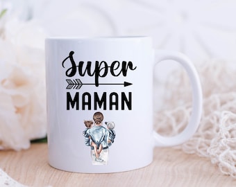 Super mom illustrated mug with mother of two children, mug cup for an exceptional mom, mother's day mom birthday gift
