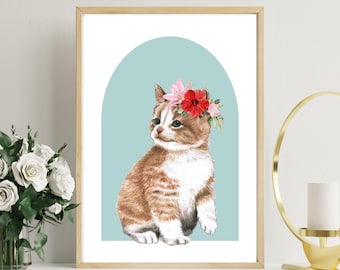Cute cat poster bouquet of flowers mint green background, watercolor cat wall poster, cat lover gift, cat wall decoration, flower