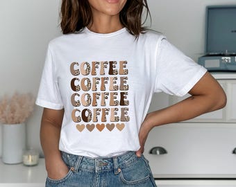 Coffee women's t-shirt retro groovy leopard letters, men's women's coffee t-shirt, coffee lover, coffee addict, coffee, caffeine, coffee addict