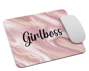 Tappetino per mouse rettangolare Girlboss su sfondo stampato in marmo oro rosa, tappetino per mouse imprenditore Girlboss, tappetino per mouse estetico