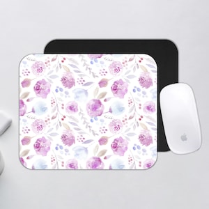 Watercolor floral print mouse pad in pastel shades of parma, purple, light blue on a white background, floral desk pad, girly mouse pad