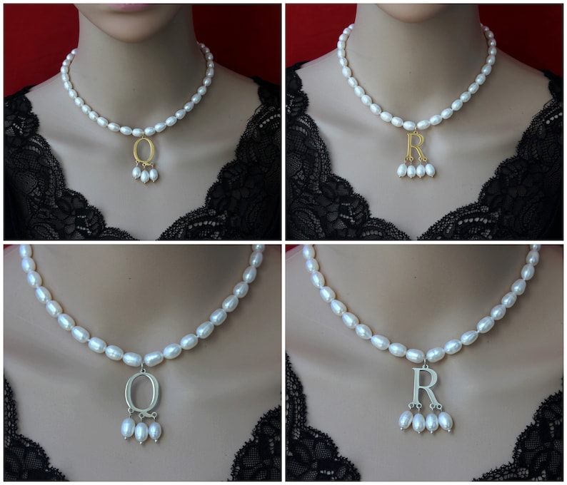 New Popular White Pearls Jewelry Necklace with Gold Silver/Initial Pendent, Anne Boleyn Necklace,Pearl Choker Necklace,Necklace Gift For Her image 6