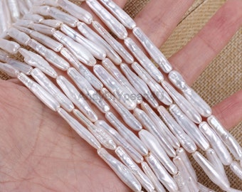 Natural White Freshwater Biwa Pearls Beads, Long Drilled Stick Pearl Beads, Biwa Freshwater Pearls High Luster, 15.5'' Full Strand, PB006-9