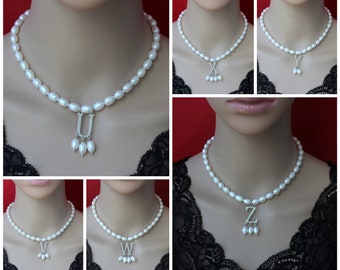 Echte Perlenkette,weiße Süßwasserperlenkette/Choker,weiße Perlenanhänger,Hochzeitshalskette,silberner Initial U V W X Y Z Anhänger