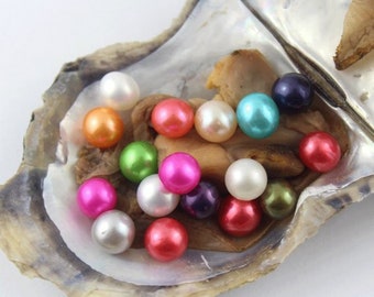 5pcs Saltwater Oyaters,Akoyal Oysters with Triplets Pearls,6-8mm AAAA Round Pearls,Three Rainbow Pearls Inside Each Oyster,Bulk Wholesale