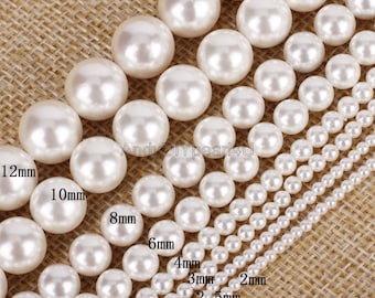 AAA High Luster Shell Pearls, Loose White Shell Pearl Beads, 2mm 2.5mm 3mm 4mm 6mm 8mm 10mm 12mm Shells Beads,16 inches Full Strand-SH001