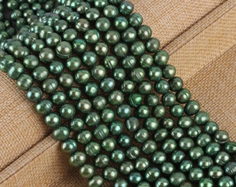 8-9mm Dark Green Near Round Potato Freshwater Pearl, Dark Green Genuine Pearl Beads, Potato Pearls, 15.5" Full Strand 50pcs, BHY005-4