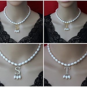 New Popular White Pearls Jewelry Necklace with Gold Silver/Initial Pendent, Anne Boleyn Necklace,Pearl Choker Necklace,Necklace Gift For Her image 7