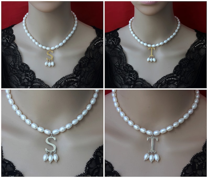 New Popular White Pearls Jewelry Necklace with Gold Silver/Initial Pendent, Anne Boleyn Necklace,Pearl Choker Necklace,Necklace Gift For Her image 7