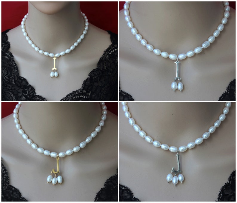 New Popular White Pearls Jewelry Necklace with Gold Silver/Initial Pendent, Anne Boleyn Necklace,Pearl Choker Necklace,Necklace Gift For Her image 2