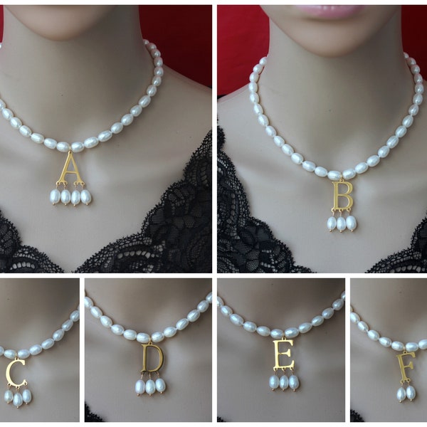 Pearls Necklace with Pendent,Gold Initial PendentA B C D E F ,Jewellery Necklace,White Pearl Necklace,Pearl Choker,Wedding Bride Necklace