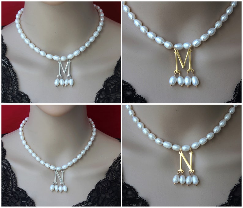 New Popular White Pearls Jewelry Necklace with Gold Silver/Initial Pendent, Anne Boleyn Necklace,Pearl Choker Necklace,Necklace Gift For Her image 4