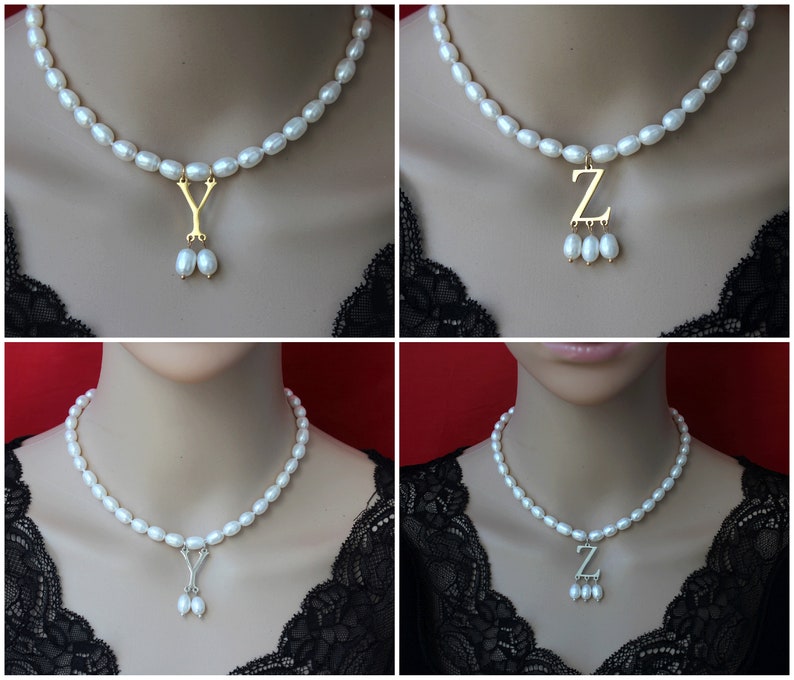 New Popular White Pearls Jewelry Necklace with Gold Silver/Initial Pendent, Anne Boleyn Necklace,Pearl Choker Necklace,Necklace Gift For Her image 10