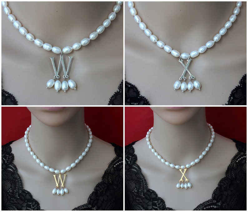 New Popular White Pearls Jewelry Necklace with Gold Silver/Initial Pendent, Anne Boleyn Necklace,Pearl Choker Necklace,Necklace Gift For Her image 9