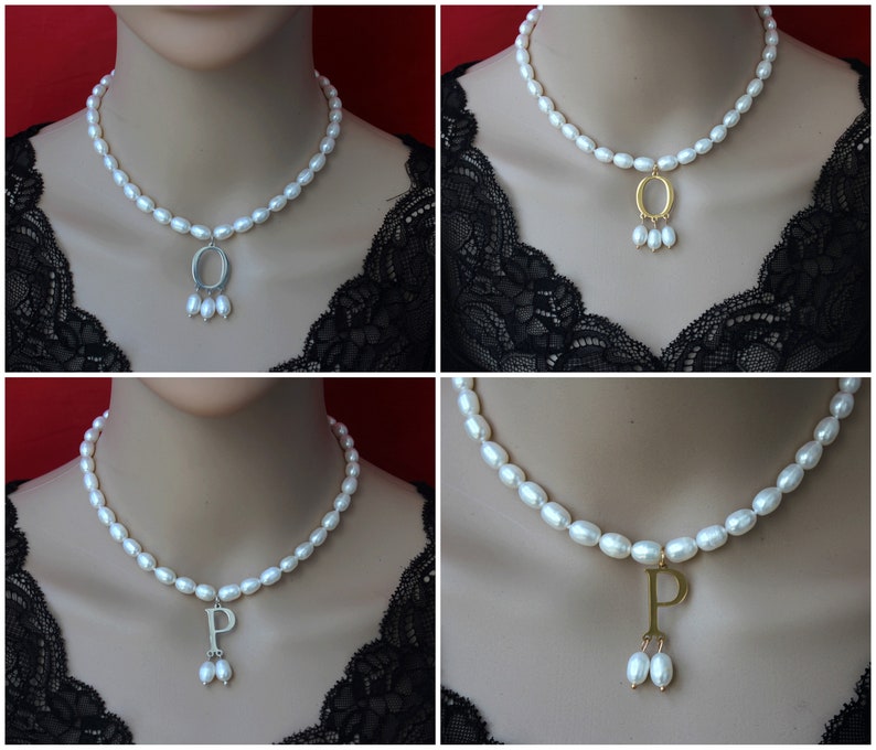 New Popular White Pearls Jewelry Necklace with Gold Silver/Initial Pendent, Anne Boleyn Necklace,Pearl Choker Necklace,Necklace Gift For Her image 5