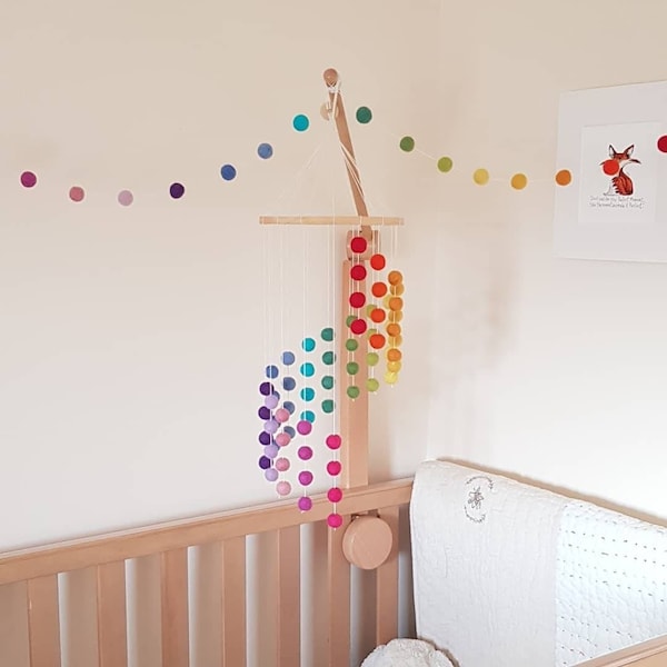 Rainbow Cascading Felt Ball Mobile, Brightly Coloured Nursery or Childrens Bedroom Decoration, With Matching Garland and Heart Decoration